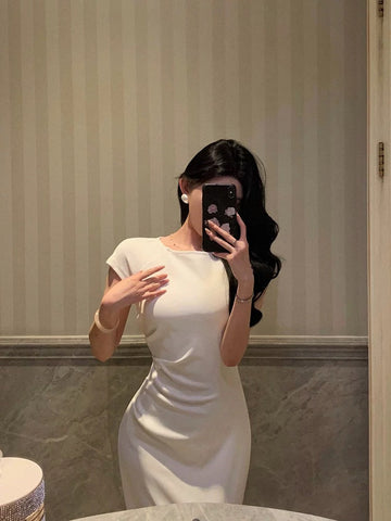 A Line Scoop Pleated White Prom Dresses Birthday Outfits Evening Gown SD807